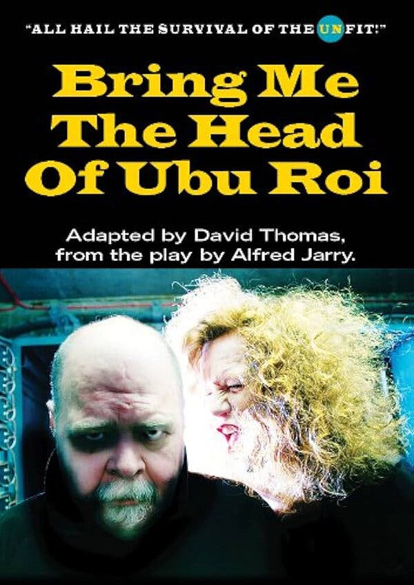 A poster with the name of the opera in large yellow letters and a photo of Mr. Thomas and a woman with a mass of curly blond hair. She stands behind him and seems to be shouting; He is bald, has a beard that appears green (possibly died, possibly retouched), and looks sad.