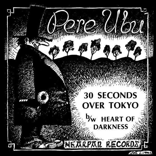 A record cover with a bizarre black-and-white illustration of a heavy man wearing a dark coat and a tall top hat, standing in profile and smiling sinisterly.
