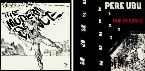 Two album covers. One has a black-and-white illustration of a man standing on one foot with his arms extended, holding a banner that says “The Modern Dance” behind his back. The other, also in black and white, is an external view of an apartment building at night.