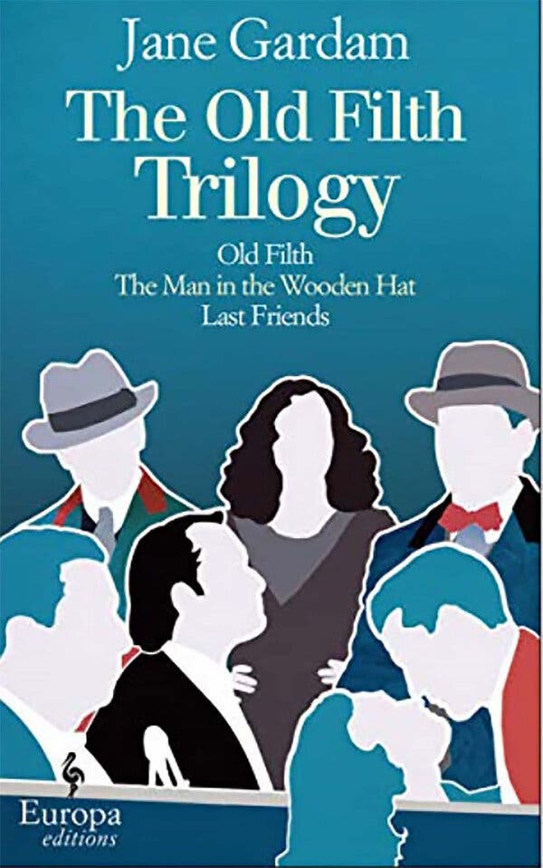 A book jacket of “The Old Filth Trilogy.” It features an illustration of a group of people on a blue background. Their faces are blank. 